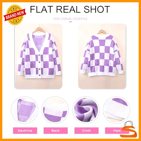 Oversized Cable Knit Cardigan Plaid V Neck Button Down Long Sleeve Chic - Picture 5 of 7